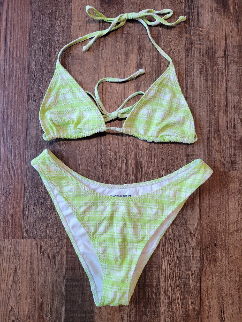 PacSun Swim Green White Textured Plaid Print 2 Piece Bikini Swimsuit